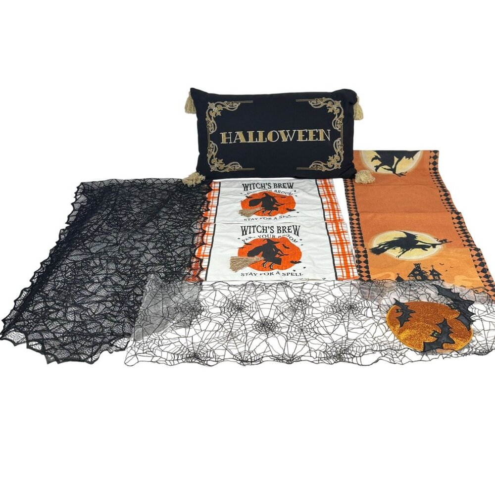Halloween Home Decor Bundle Halloween Pillow Witch Placemats Spider Web & Witch